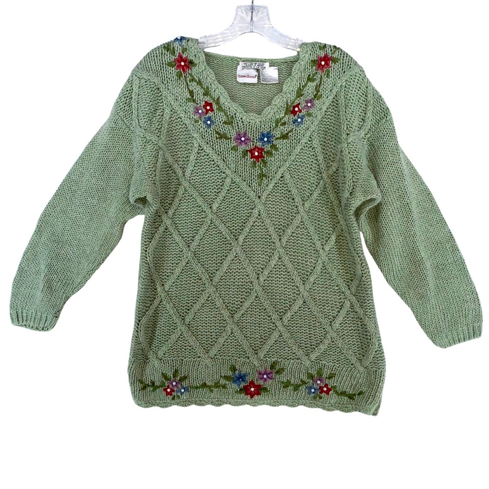 Vintage Bobbie Brooks Hand Knitted Floral Sage Sweater Women’s Size S